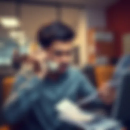 A person looking stressed while holding a phone to their ear, surrounded by paperwork, symbolizing long wait times at Fitzsimons CU.