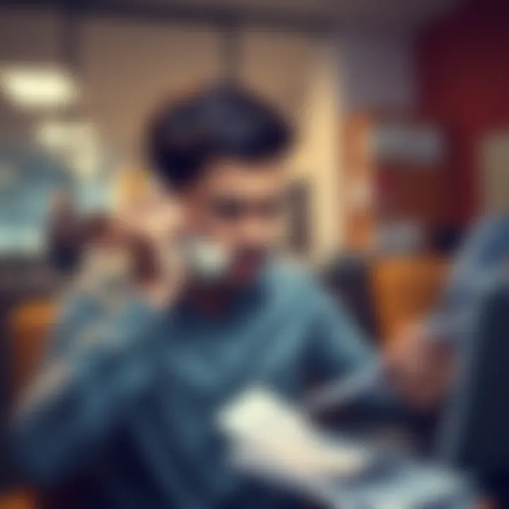 Frustrated customer on hold A person looking stressed while holding a phone to their ear, surrounded by paperwork, symbolizing long wait times at Fitzsimons CU.