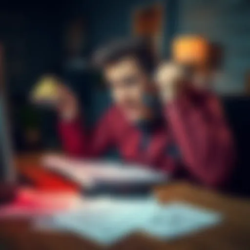 A frustrated person holds a phone to their ear, showing dissatisfaction with customer support. Papers with complaints are scattered on the desk nearby.