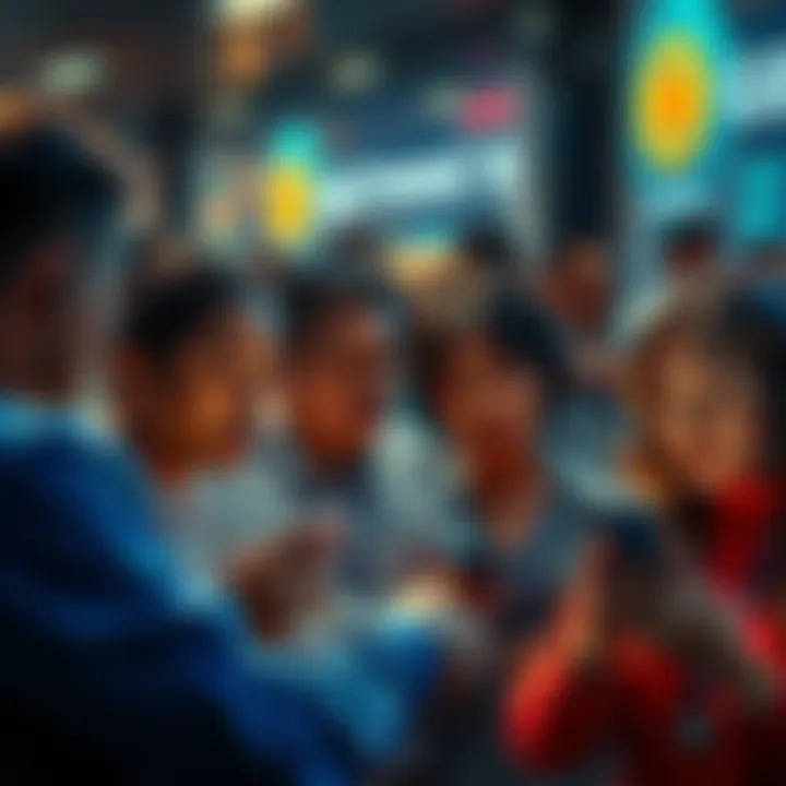 A group of unhappy customers discussing issues with Gemini's customer service, some looking at their phones with worried expressions, highlighting their concerns about missing crypto rewards.