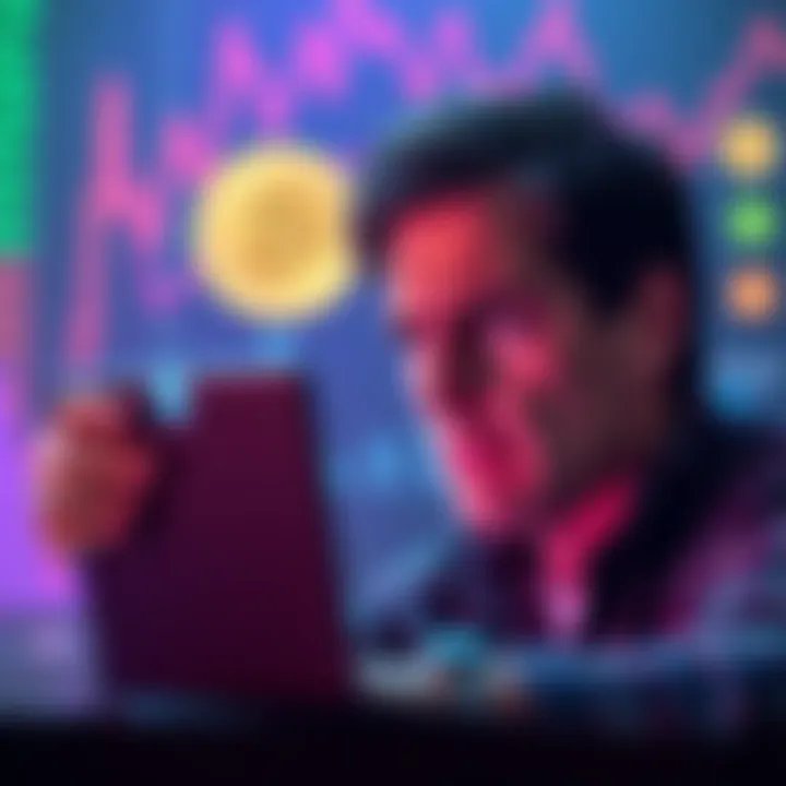 Frustrated crypto enthusiast A person looking at their screen with a distressed expression, surrounded by graphics of fluctuating gas fees and digital coin symbols, reflecting frustration over transaction costs in cryptocurrency.