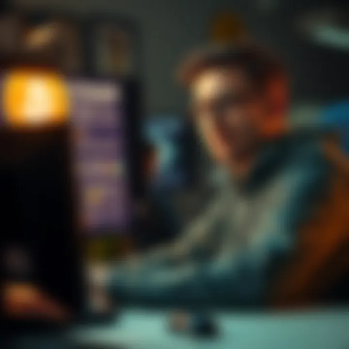 A person sitting at a computer, looking confused and frustrated while reading a forum on Bitcoin. They have a questioning expression, indicating their confusion over a recent ban.