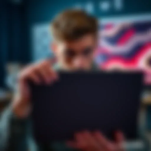 A person looking frustrated while holding a Framework laptop, with a focus on a loose screw near the fan area.