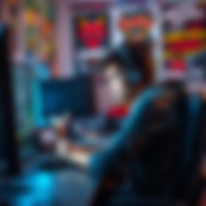 A gamer shows frustration while facing glitches on the screen, surrounded by game-related posters and snacks.