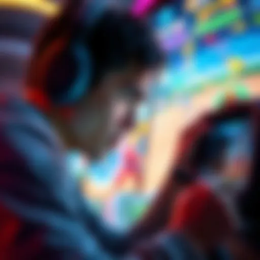 A player with an intense expression looks at the screen while trying to play a fast-paced fishing minigame, surrounded by colorful game graphics