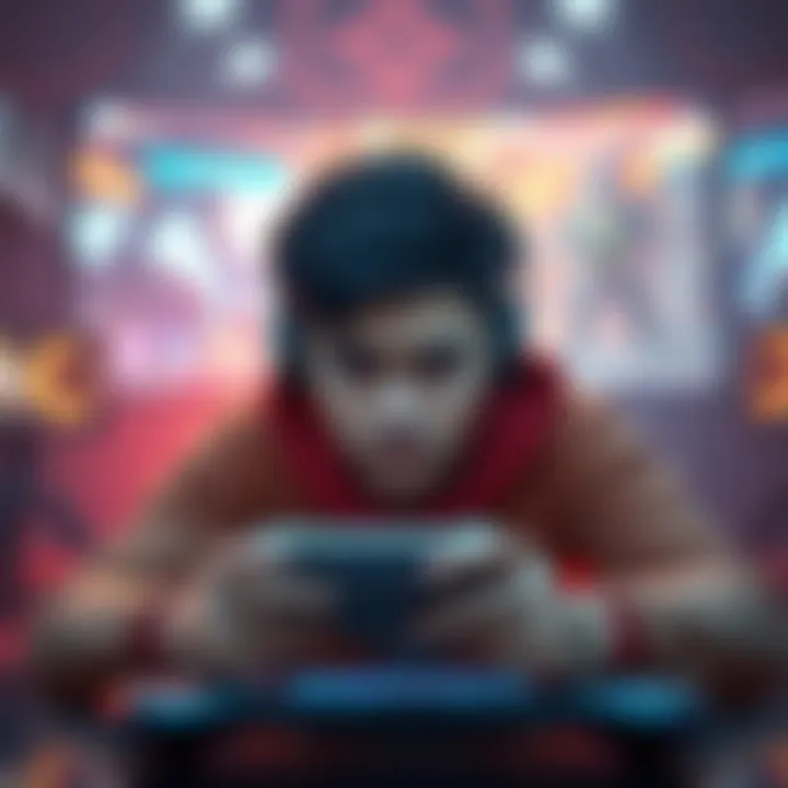 A player looking frustrated while filling out a survey on a gaming app, surrounded by gaming elements like controllers and graphics.