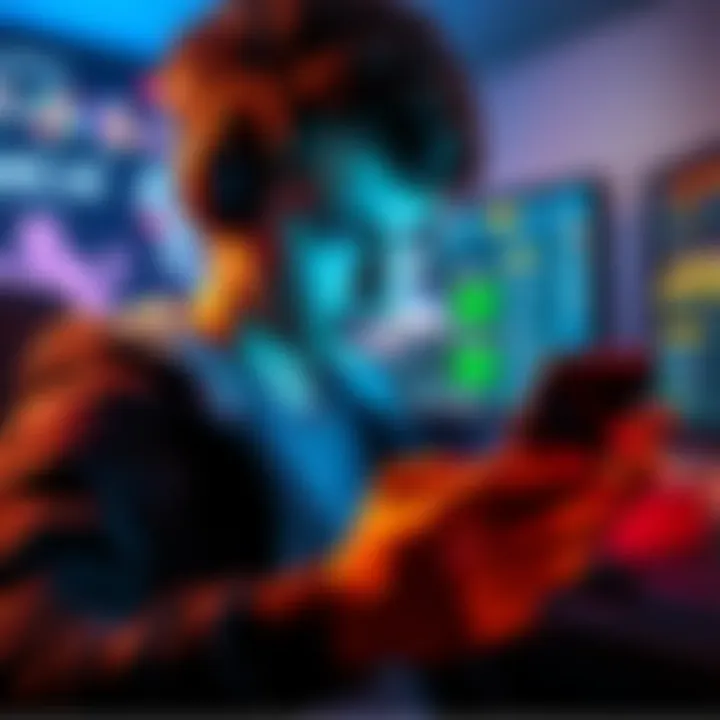 A gamer with a disappointed expression, holding a smartphone, in a gaming setup with a computer screen showing game stats.