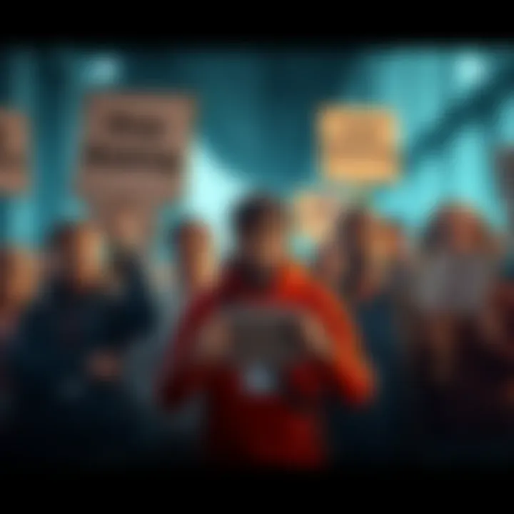 A group of frustrated people expressing concerns about Gemini's staking practices, holding signs and discussing their issues