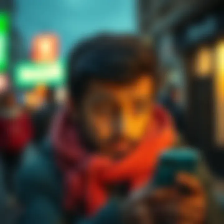 An immigrant in Ireland looking frustrated while using the Revolut app on their phone, with a confused expression related to banking issues.