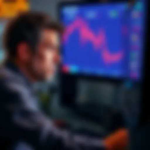 An upset investor stares at a computer screen showing declining cryptocurrency values, reflecting emotional and financial distress.