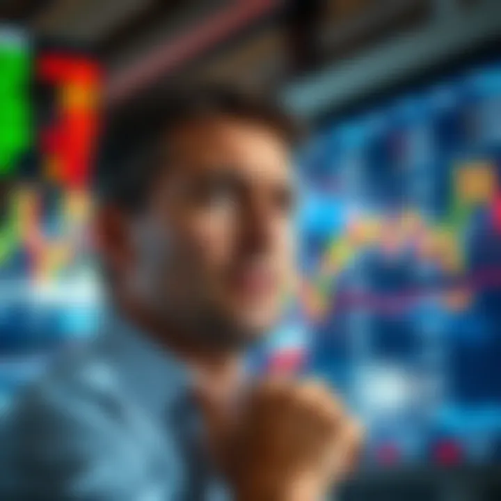 An investor looks worried as stock prices drop on a screen, displaying a negative trend, symbolizing market struggles after recent purchases.