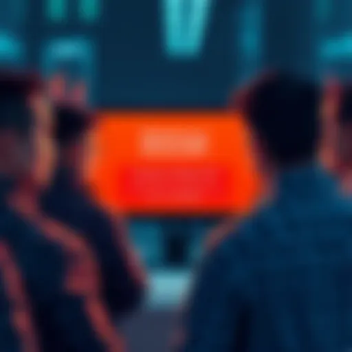 Group of frustrated investors staring at a computer screen displaying maintenance message for SecondFi