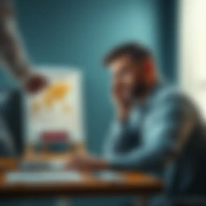 A person sitting at a desk looking frustrated while trying to sell land online, with a laptop showing error messages.