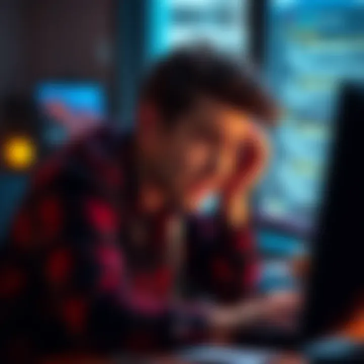 A frustrated person sitting at a computer, looking at Discord messages with a shocked expression after losing money in a crypto scam.