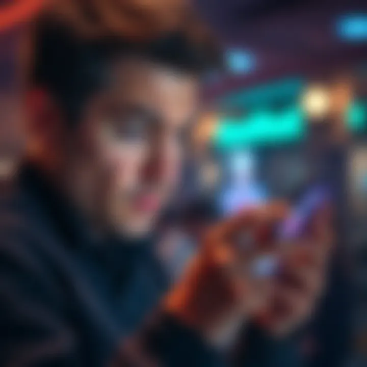 A person looking at their smartphone with a worried expression while checking their banking app, showing signs of frustration over account restrictions.
