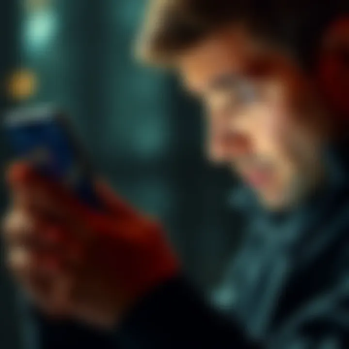 A person with a worried expression staring at a phone displaying Bitcoin charts, symbolizing frustration with financial losses in crypto investments.