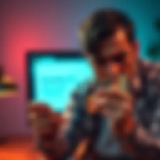 A frustrated person holding a blocked credit card with a computer screen showing an account closure message