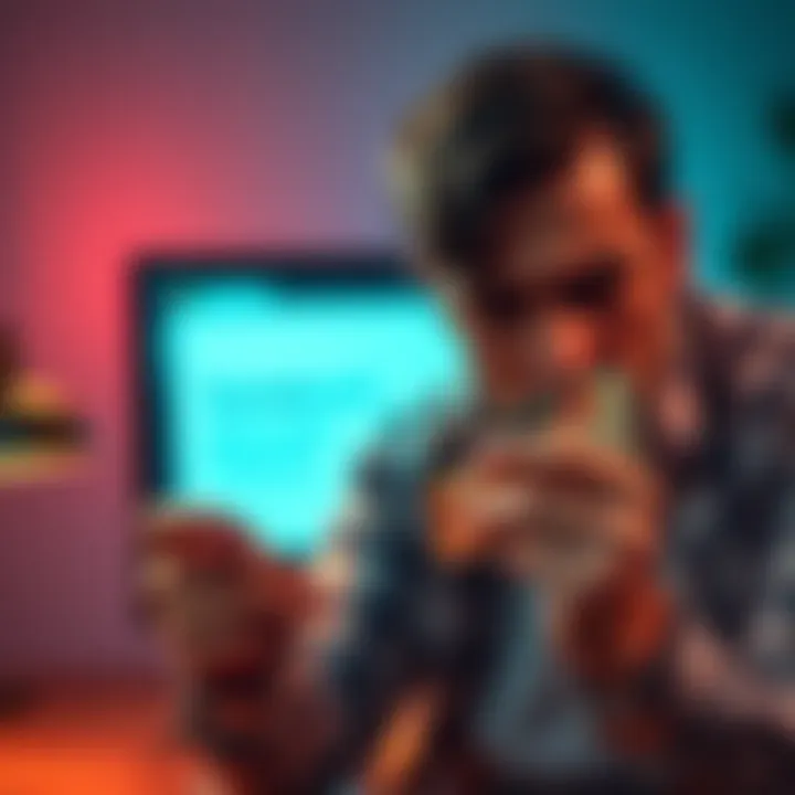 A frustrated person holding a blocked credit card with a computer screen showing an account closure message