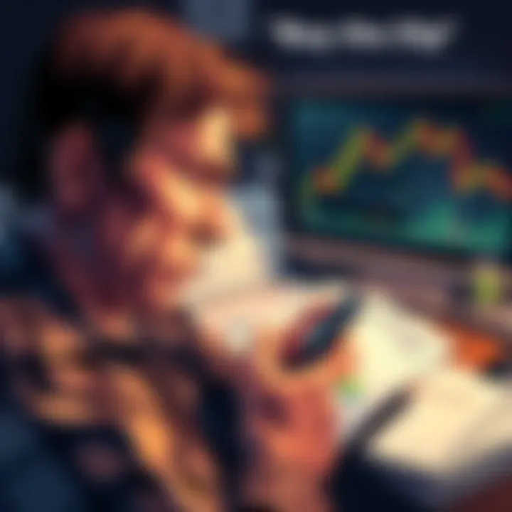 A person looking at a phone with a worried expression while checking their bank balance, surrounded by financial documents and a declining stock chart on a nearby screen.