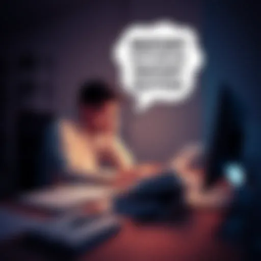 A person looking frustrated while sitting at a desk with a laptop, surrounded by survey forms and a thought bubble showing a report button idea.