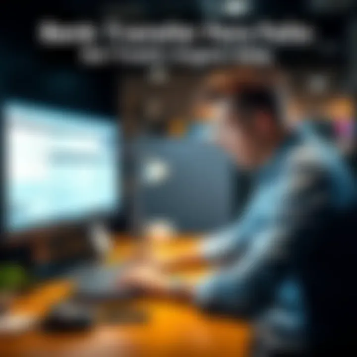 A frustrated individual sitting at a computer screen, looking at banking details with a worried expression, representing the struggle with a failed bank transfer.