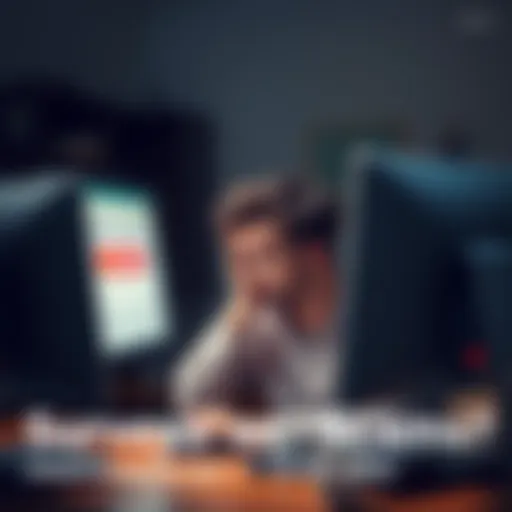 A person looking frustrated while sitting at a desk, staring at a computer screen showing a survey page with a warning sign.