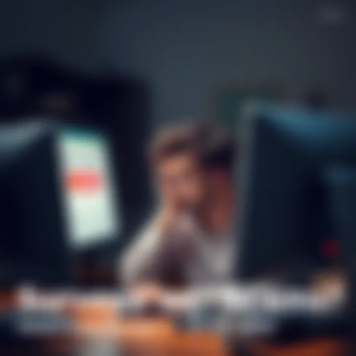 A person looking frustrated while sitting at a desk, staring at a computer screen showing a survey page with a warning sign.