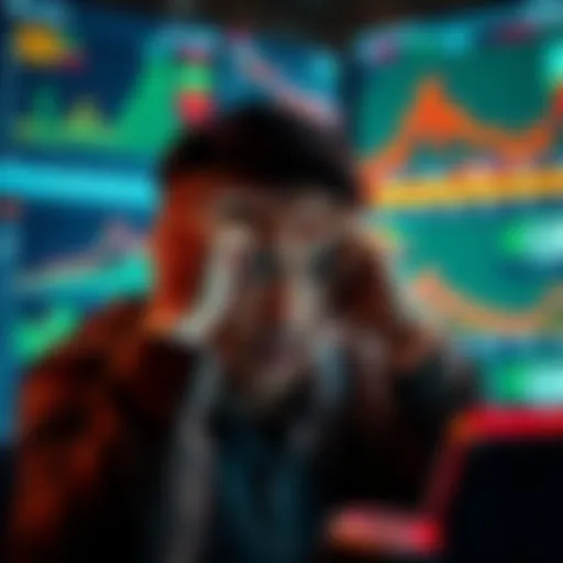 A person showing frustration while looking at a computer screen filled with bid token data and charts