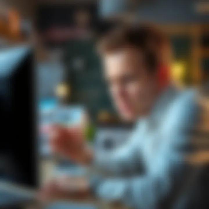 A person with a frustrated expression looking at a computer screen, struggling with photo uploads for an order