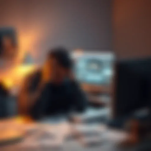 A person sitting at a desk looking overwhelmed with their head in their hands, papers scattered around, symbolizing frustration with unresolved issues, while a computer screen shows online forums open...