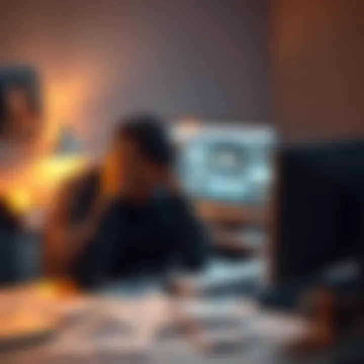 Frustrated person seeking help A person sitting at a desk looking overwhelmed with their head in their hands, papers scattered around, symbolizing frustration with unresolved issues, while a computer screen shows online forums open...