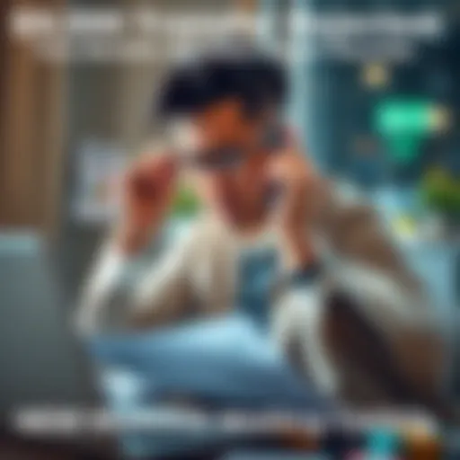 A person looks frustrated while talking on the phone, expressing concern about a rejected money transfer, surrounded by paperwork and a laptop, depicting the stress of dealing with banking issues.