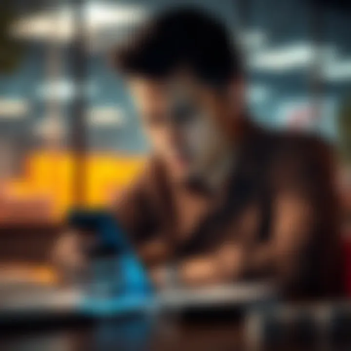 A person sitting at a desk, frowning at their smartphone due to disruptive ads and app crashes