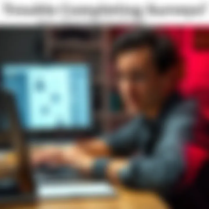 A person showing frustration while trying to complete an online survey on their laptop, with a confused expression on their face.