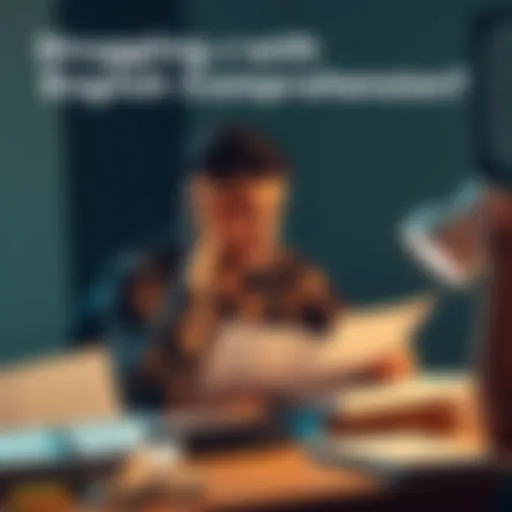 A person sitting at a desk with multiple surveys, looking confused and frustrated about English comprehension