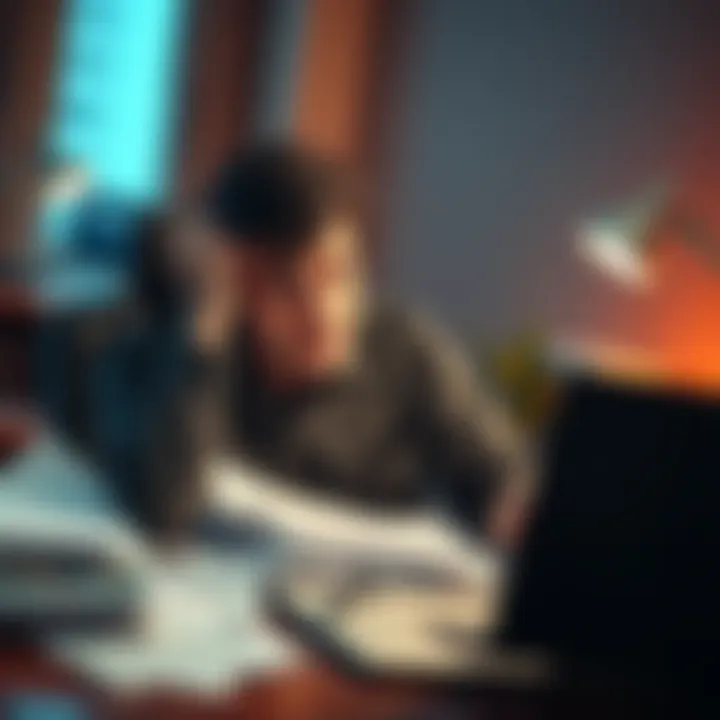 A person looks stressed while working on TaxAct with numerous papers and a laptop on the desk, expressing frustration over tax filing.