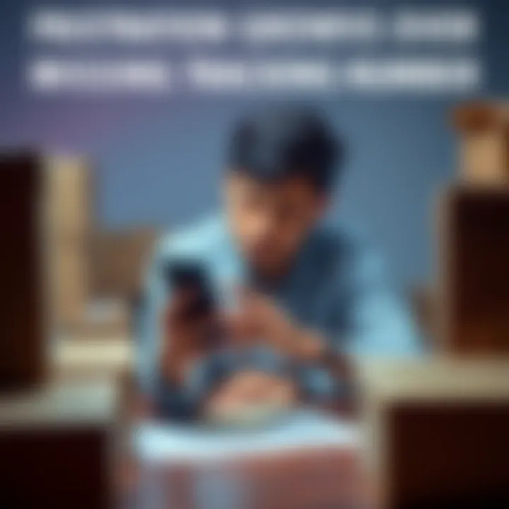 A person sitting at a table with a phone in hand, looking unhappy while checking for a shipment tracking number, surrounded by boxes.