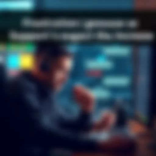 A person looking frustrated at their computer, waiting for support. A chat window is displayed, showing a long wait time