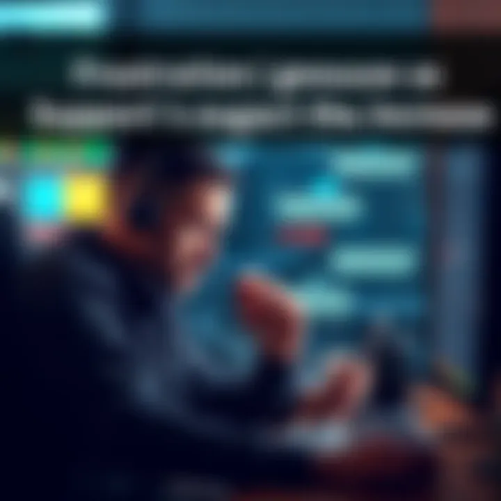 A person looking frustrated at their computer, waiting for support. A chat window is displayed, showing a long wait time