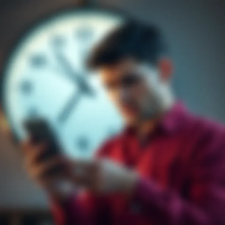 Frustrated person checking phone for updates A person looking distressed while checking their phone for updates on a pending withdrawal, with a clock showing the passage of time in the background