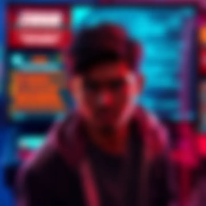 A gamer showing frustration in front of a screen displaying arcade missions and minigames with error messages