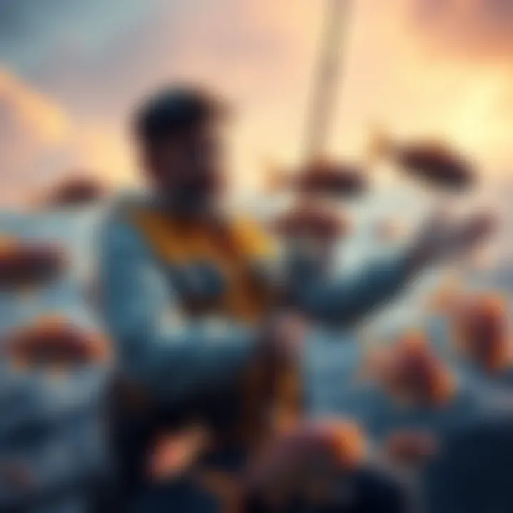 A player in Atlas struggling to catch a fish, looking frustrated with their fishing rod in hand, while fish swim nearby.