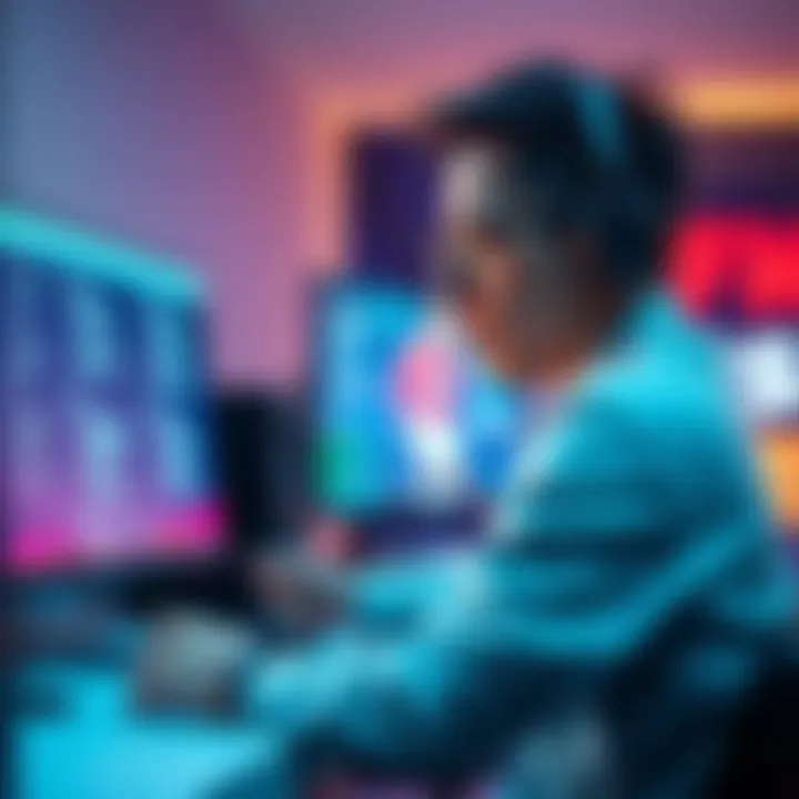 A frustrated gamer sitting at a desk, staring at a computer screen filled with survey questions, with a look of disappointment.