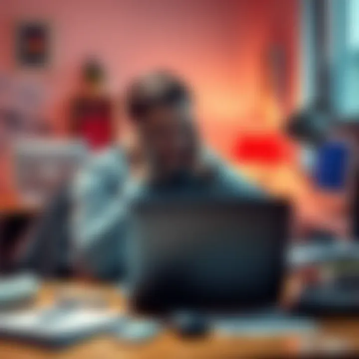 A frustrated customer sitting at a desk with a laptop, surrounded by papers and phone, struggling to get support from Revolut while moving from Germany to the UK.