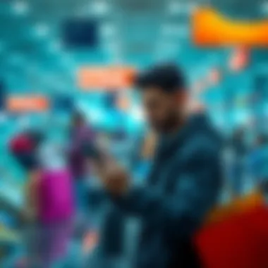 A person looking frustrated while holding a smartphone at a checkout counter, facing an error message about verification, surrounded by shopping bags.