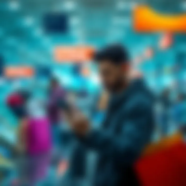 A person looking frustrated while holding a smartphone at a checkout counter, facing an error message about verification, surrounded by shopping bags.