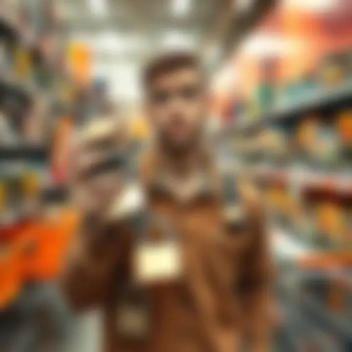 Frustrated shopper at Home Depot A person looks confused while holding a stack of locks in a Home Depot store, surrounded by home improvement supplies and shopping carts.