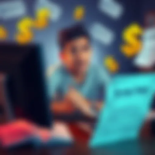 A person looking upset while sitting at a computer, surrounded by survey forms and dollar signs, illustrating a loss of rewards in online surveys.