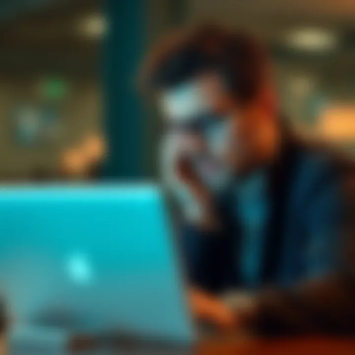 A person looking frustrated while using a laptop to take a survey, showing signs of disappointment.