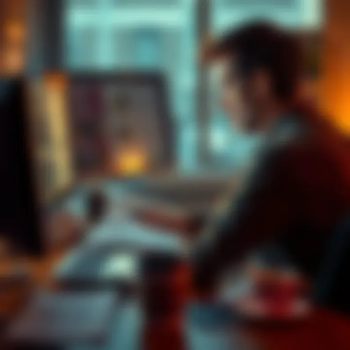 A person sitting at a desk looking frustrated while staring at their computer screen, surrounded by survey papers and a coffee cup.
